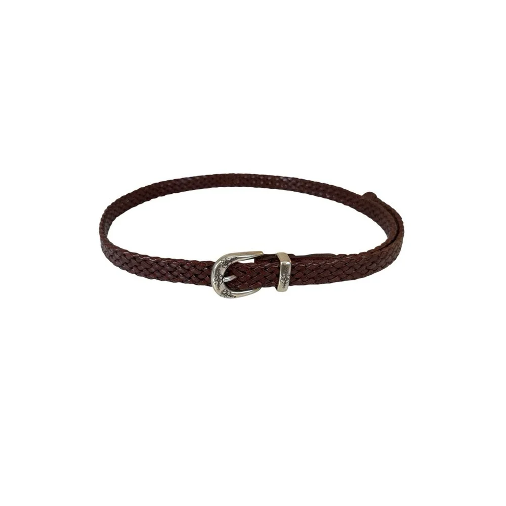 Womens Brown Braided Leather Belt Silver Tone Floral Engraved Buckle Size Large